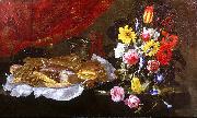 Giuseppe Recco A Still Life of Roses, Carnations, Tulips and other Flowers in a glass Vase, with Pastries and Sweetmeats on a pewter Platter and earthenware Pots, on Spain oil painting artist